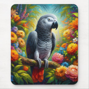 African Grey Parrot with Colourful Flowers Mouse Mat