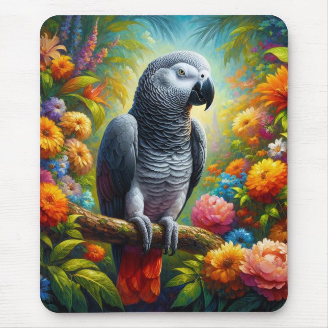 African Grey Parrot with Colourful Flowers Mouse Mat (Front)