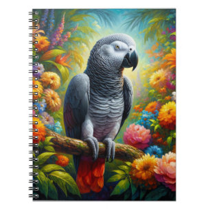 African Grey Parrot with Colourful Flowers Notebook