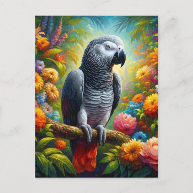 African Grey Parrot with Colourful Flowers Postcard (Front)