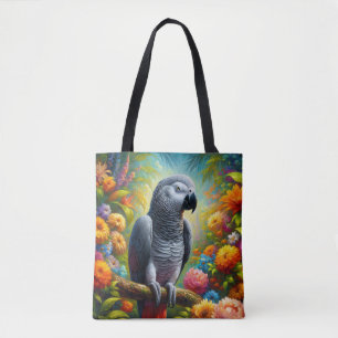 African Grey Parrot with Colourful Flowers Tote Bag
