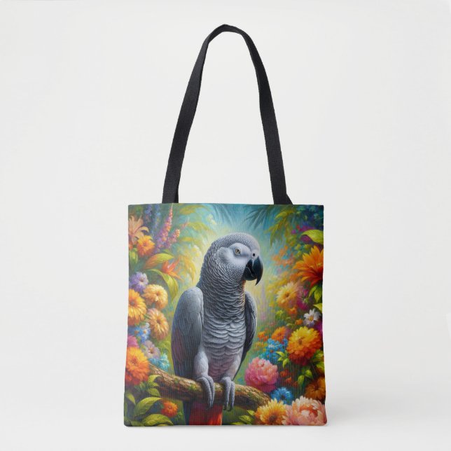 African Grey Parrot with Colourful Flowers Tote Bag (Front)