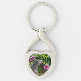 African Grey Parrot with Orchids Key Ring