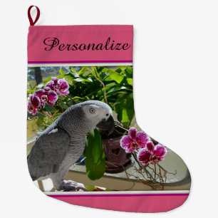 African Grey Parrot with Orchids Large Christmas Stocking