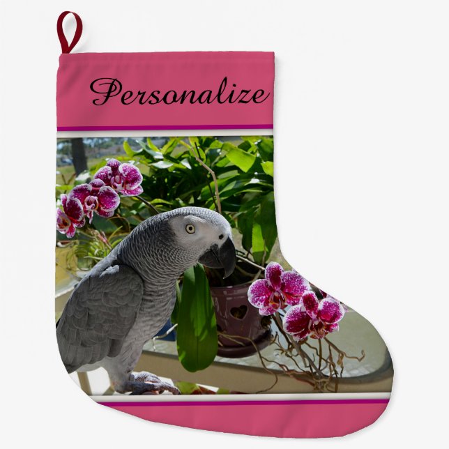 African Grey Parrot with Orchids Large Christmas Stocking (Front)