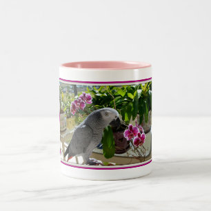 African Grey Parrot with Orchids Two-Tone Coffee Mug