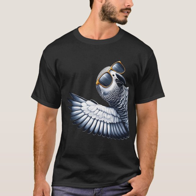 African Grey Parrot With Sunglasses Funny Say Hi T-Shirt (Front)