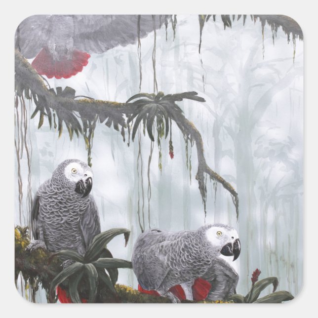 African Grey Parrots flying free Square Sticker (Front)