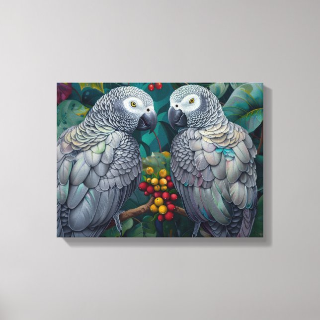 African Grey Parrots Persimmon-Berry Duet  Canvas Print (Front)