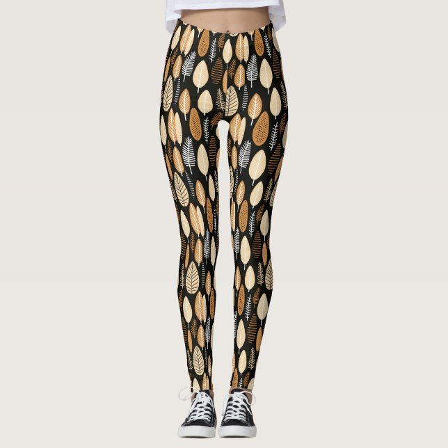 African Inspired Leaf Pattern Organic Tones Sporty Leggings (Front)