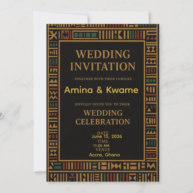 African Kente Gold Wedding Invitation (Front)