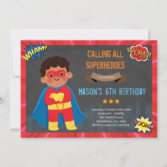 African kid boy superhero invitation (Front)