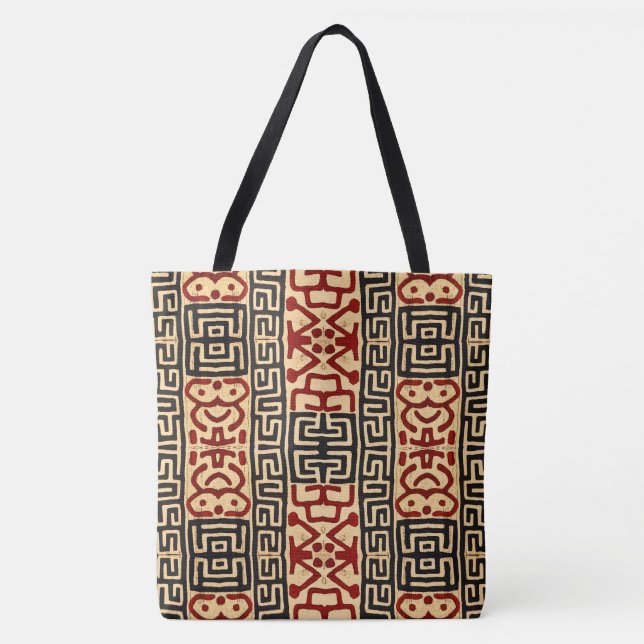 African Kuba Print Tote in Tan, Black and Red (Front)