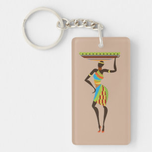 African Lady with basket tribal art Key Ring