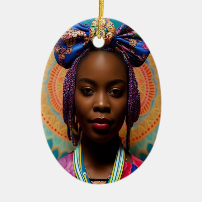 African lady with big bow and medallion ceramic tree decoration (Front)