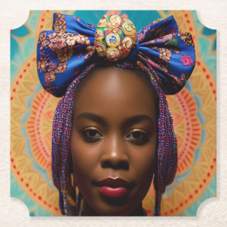 African lady with big bow and medallion paper coaster