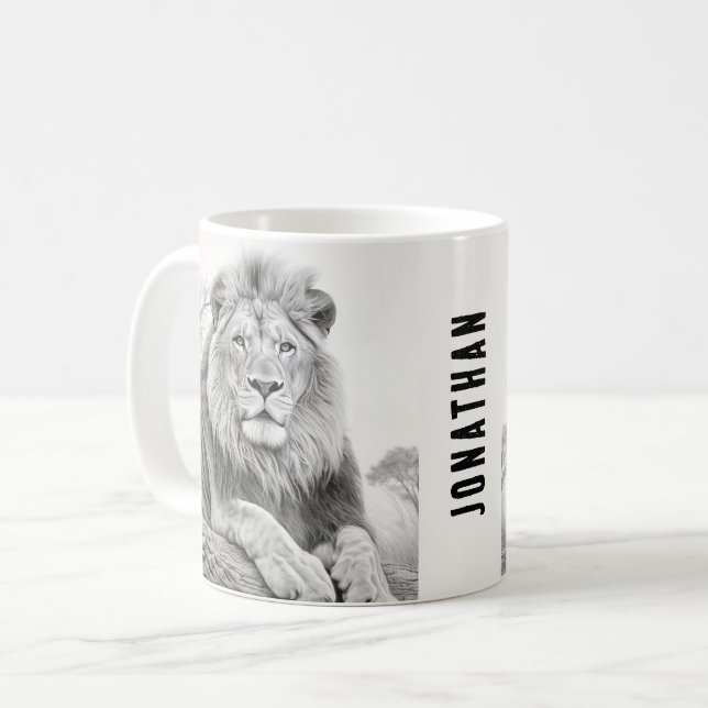 African Lion Pencil Drawing Coffee Mug (Front Left)