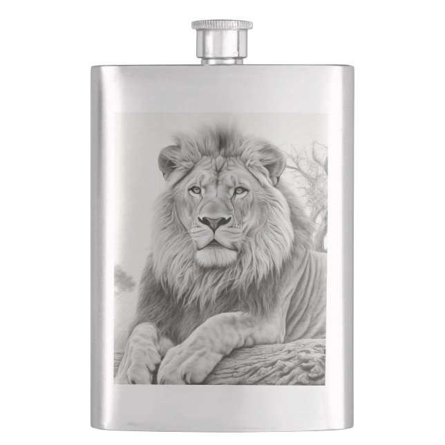 African Lion Pencil Drawing Hip Flask (Front)