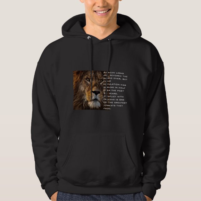 African lion print white text trendy men black  hoodie (Front)