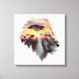 African Lion Sunset - Wildlife Fusion Art Canvas Print