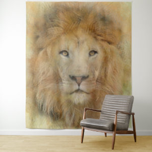 African Lion Wildlife Watercolor Portrait Tapestry