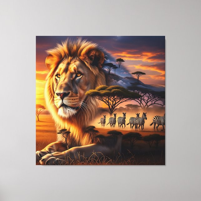 African Lion & Zebra Sunset Canvas Art (Front)