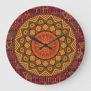 African mandala, Polynesian circular designs. Large Clock