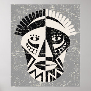 African mask black grey custom print poster