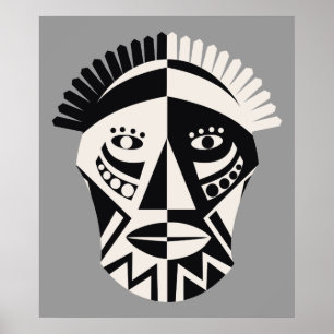 African mask black grey custom print poster