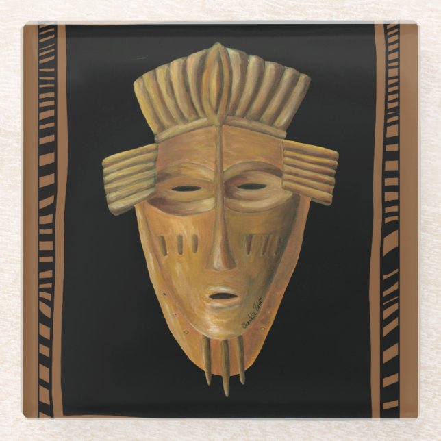 African Mask Painting by Chariklia Zarris Glass Coaster (Front)