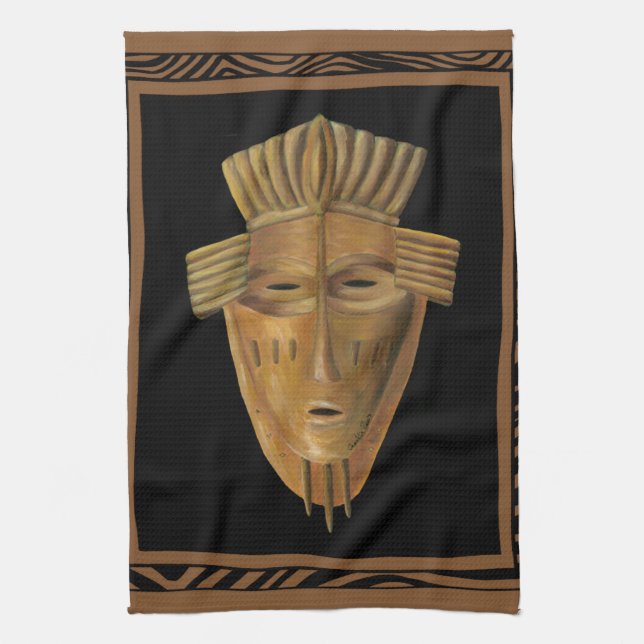 African Mask Painting by Chariklia Zarris Tea Towel (Vertical)