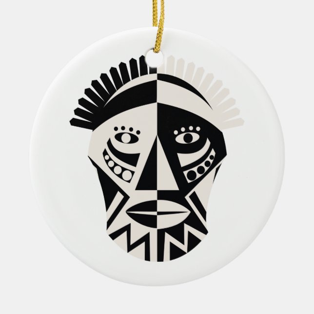 African mask primitive folk art ceramic tree decoration (Front)