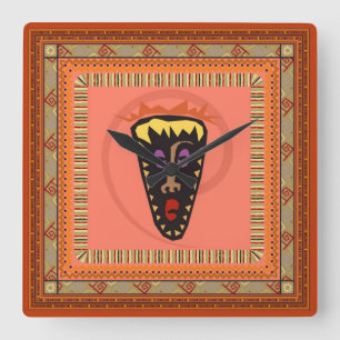 African mask square wall clock