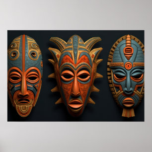 African masks in orange and turquoise blue poster