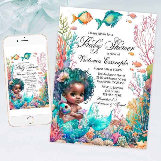 African Mermaid Baby Shower Invitation (Under the sea baby shower invitation with cute African mermaid baby, fish and coral.)
