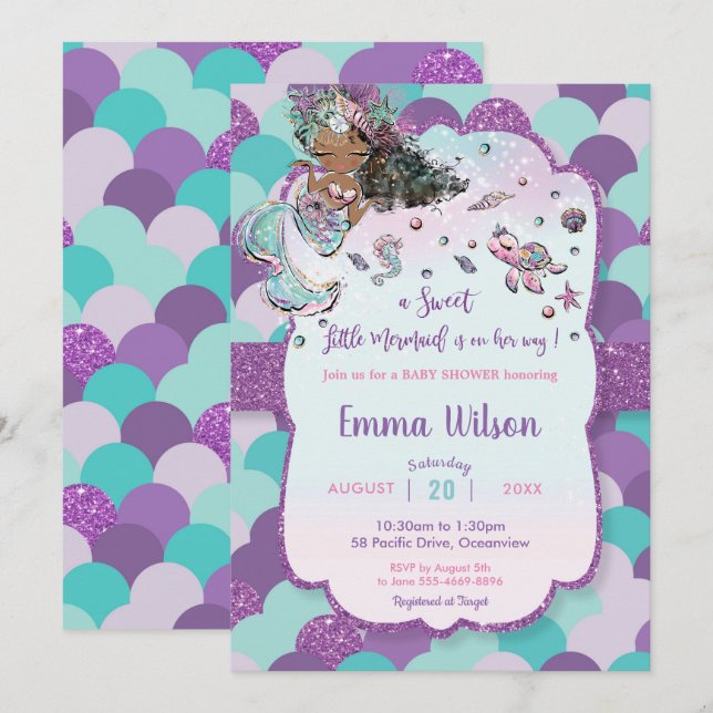 African Mermaid Baby Shower Under the Sea Purple Invitation (Front/Back)