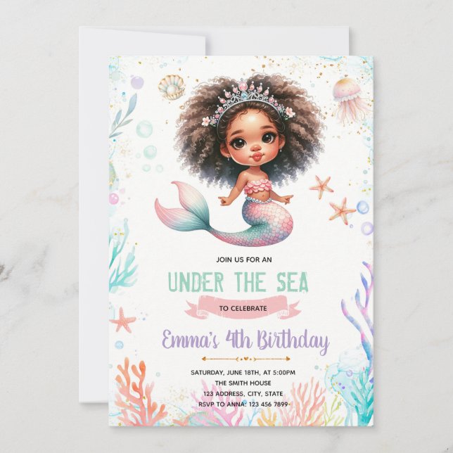 African Mermaid Birthday Invitation (Front)