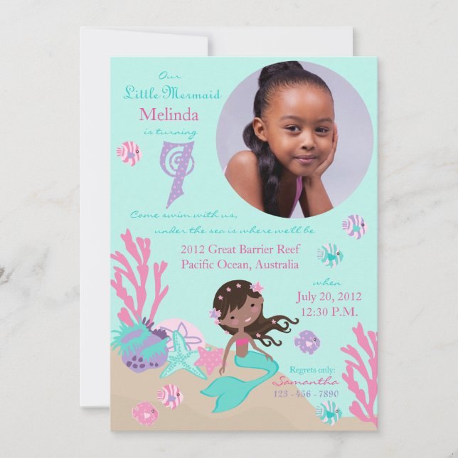 African Mermaid Seventh Birthday Invitation (Front)