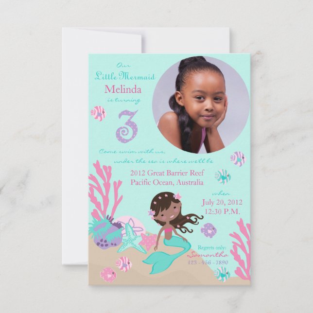 African Mermaid Third Birthday Invitation (Front)