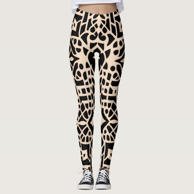 African Morocco Beige Geometric Pattern Leggings (Front)