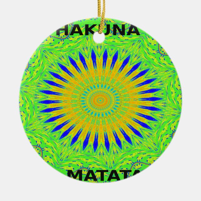 African Motif Design in Green and Gold Art Print Ceramic Tree Decoration (Front)