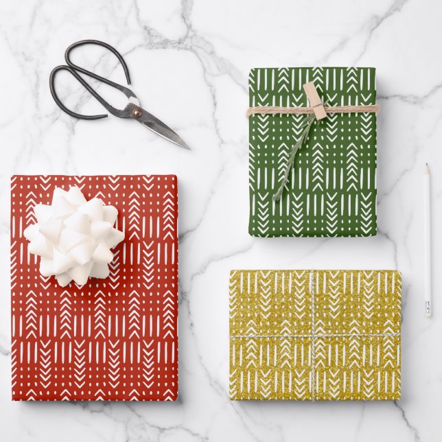 African Mud Cloth Red Green Gold Glitter Set of 3  Wrapping Paper Sheet (Front)