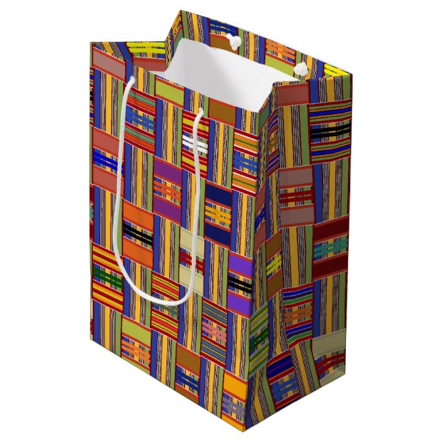 African Multi-Colour Stained Glass Kente K45 Medium Gift Bag (Front Angled)