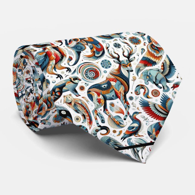African Native American Animals Print Boho Tie (Rolled)