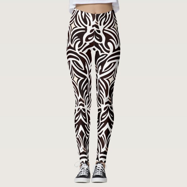 African Ornament Subtle Black White Pattern Leggings (Front)
