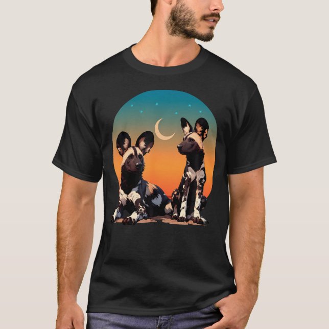 African Painted Wild Dogs Sunset Moon Wild Dog Lov T-Shirt (Front)