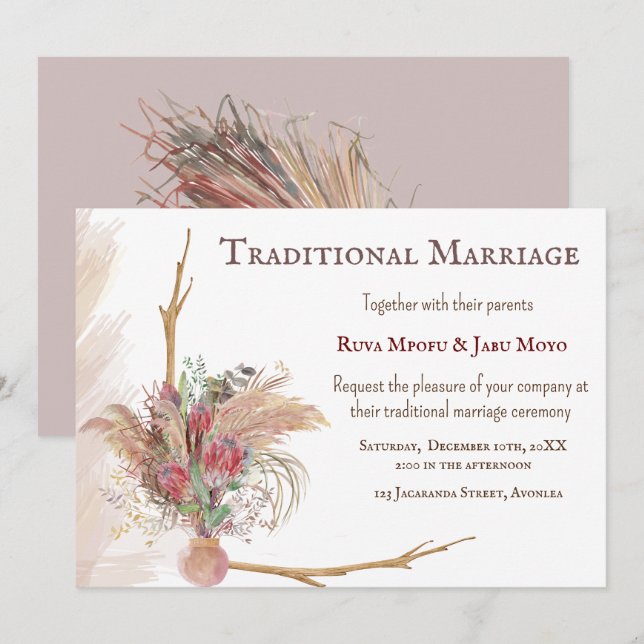 African Pampas Protea Accent Traditional Wedding  Invitation (Front/Back)