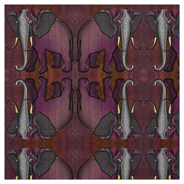 African Patchwork Elephant (Plum, Orange, Grey) Fabric (Swatch)