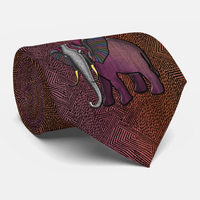 African Patchwork Elephant (Plum, Orange, Grey) Tie (Rolled)