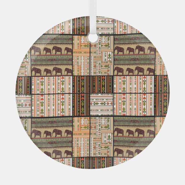 African Patchwork Elephants: Ornamental Texture Glass Tree Decoration (Front)